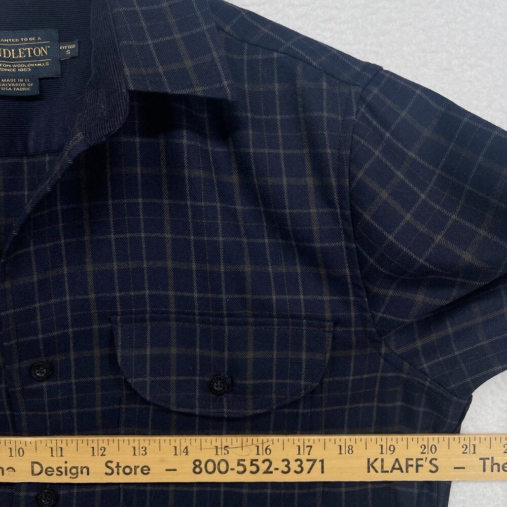 PENDLETON Shirt Mens S Virgin Wool Plaid Flannel Fitted Utility Button Up Blue - Picture 10 of 12